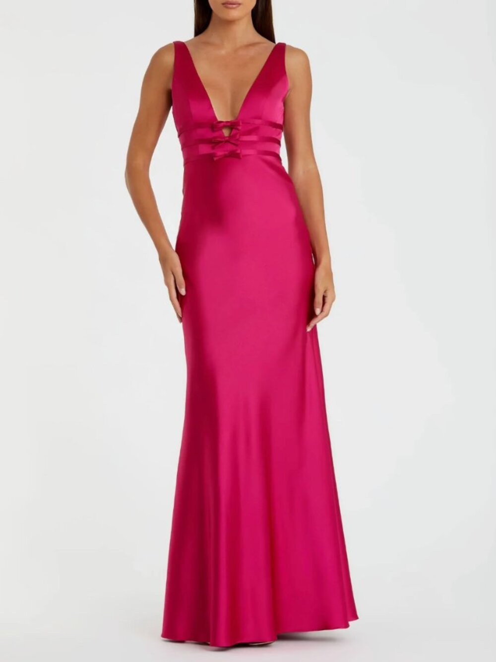 Mac Duggal Hot Pink Sleeveless Satin Gown With Bow Details